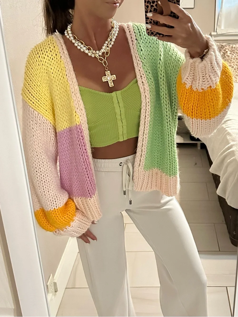 Forever 21 Colorblock Chunky Knit Cardigan - Pink, Yellow & Green L